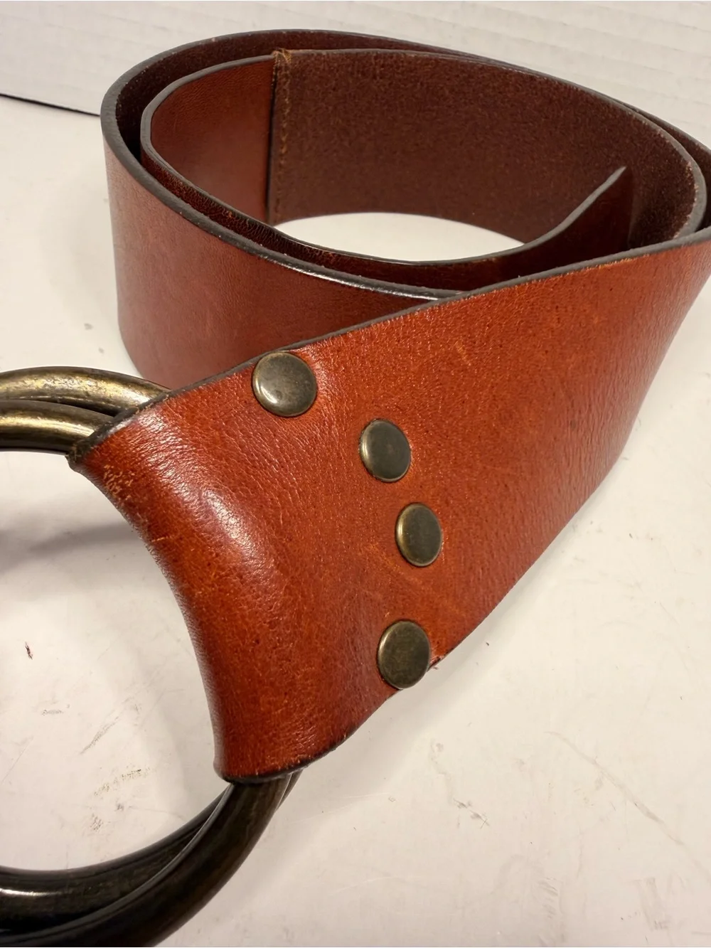 French Connection Brown Leather Wide Waist Belt with Double Ring Buckle 38 inch